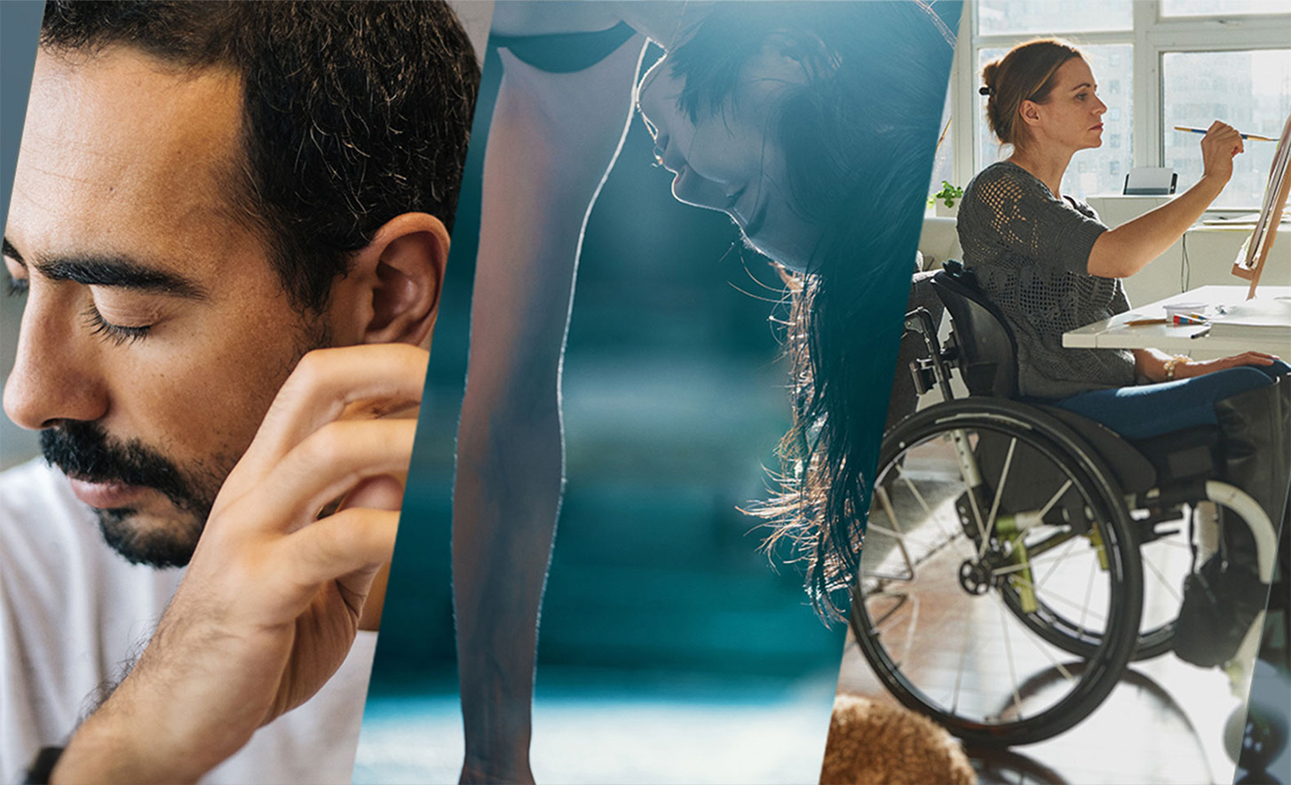 Tre sammanfogade bilder som visar en person med slutna ögon, en person som står på händer och en person i en rullstol som målar på en duk.