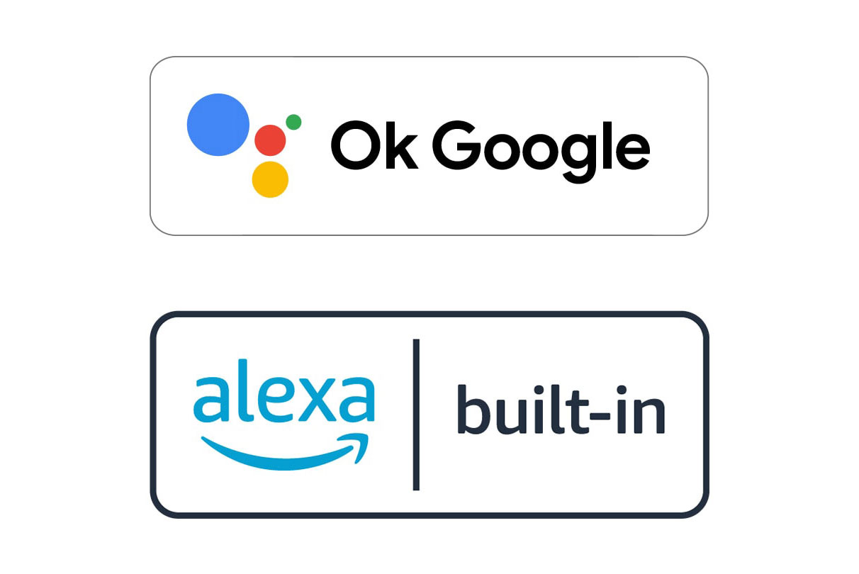 Bild av en OK Google-logotyp och en Alexa Built-in-logotyp