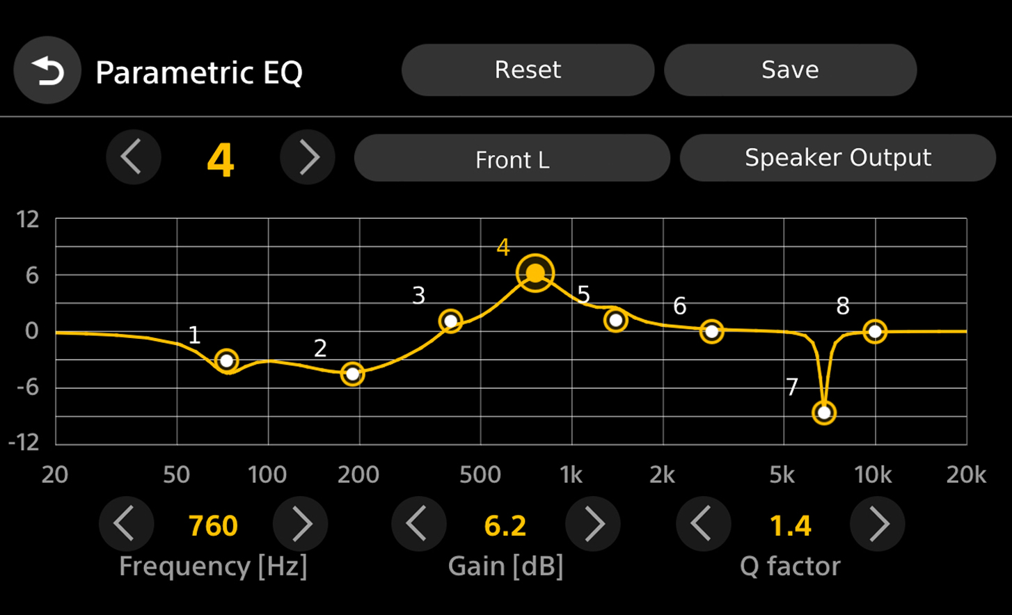 Exempel på användargränssnitt som visar den 8-bands parametriska equalizer-funktionen och tillgängliga alternativ
