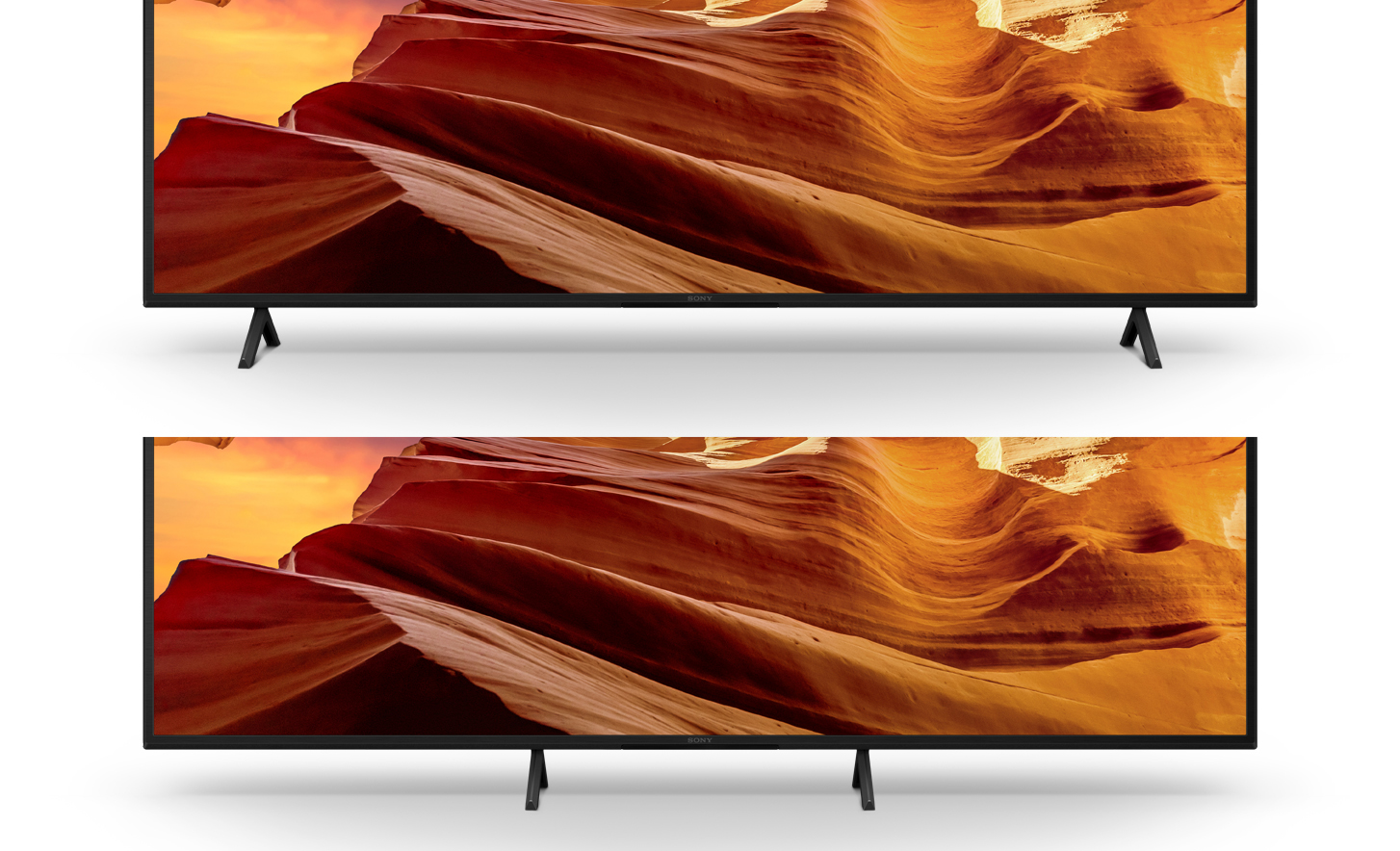 Två bilder av tv-apparater där en bred stativinställning visas upptill och smal stativinställning nedtill med stenformationer på skärmen