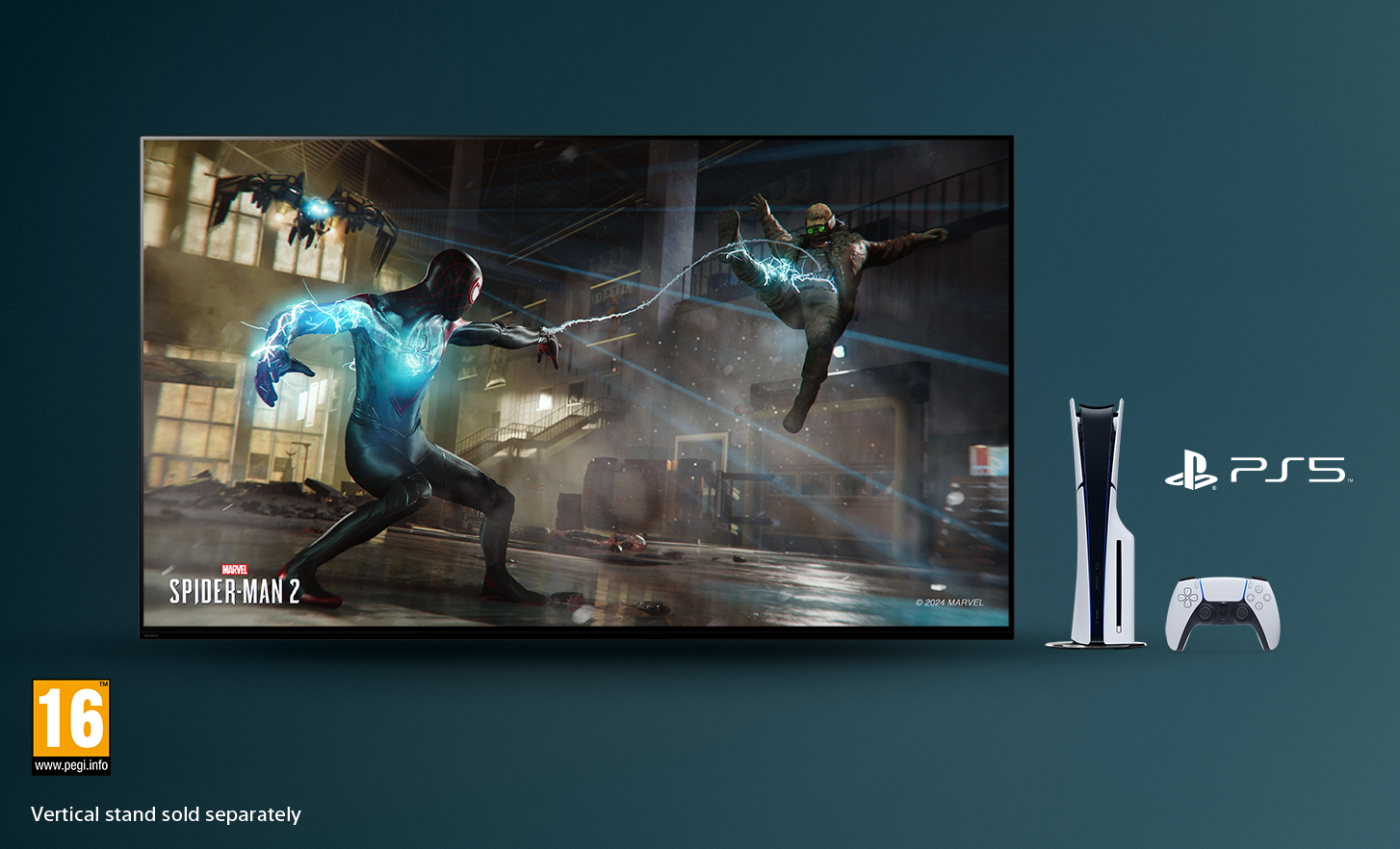Tv med Marvel SPIDER-MAN 2 på skärmen, en PlayStation® 5-konsol och en handkontroll till höger samt PEGI 16-logotypen längst ned till vänster